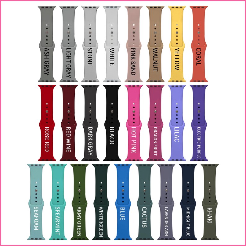 May include: A set of 20 different colored Apple Watch bands. The bands are made of silicone and come in a variety of colors, including red, blue, green, black, white, and pink. The bands are all shown in a row, with the color name printed on each band.