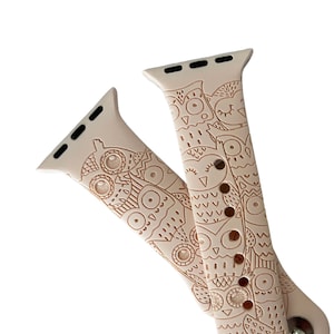 Hiboux, oiseaux, chouette effraie des neiges, harfang des neiges, bracelet Apple Watch gravé pour femme, compatible avec les séries 1-9, SE, SE2, Ultra - 38 mm à 49 mm
