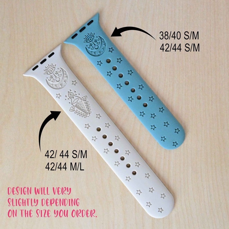 May include: Two Apple Watch bands with a celestial design. The band on the left is white with a silver design and the band on the right is blue with a silver design. Both bands have stars and holes for ventilation. The text on the image reads "42/44 S/M 42/44 M/L" and "38/40 S/M 42/44 S/M".