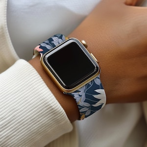 Blue Floral Watch Band Compatible with Apple Watch Series 1-9, 38mm, 40mm, 41mm, 42mm, 44mm, 45mm, 49mm, SE, SE2, Ultra 2, Flower Strap