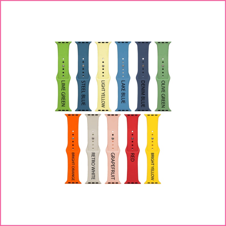 Puede incluir: Doce bandas de silicona para Apple Watch de diferentes colores. Los colores incluyen verde lima, azul acero, amarillo claro, azul lago, azul denim, verde oliva, naranja brillante, blanco retro, pomelo, rojo y amarillo brillante.