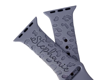 Custom Leopard Print, Cheetah Animal Print Engraved Apple Watch Band for a Woman, Compatible with Series 1-9, SE, SE2, Ultra – 38mm to 49mm