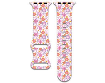 Retro Hearts, Flowers, Smiley Faces, Pink Apple Watch Band for Women and Men, Compatible with Series 1-9, SE, SE2, Ultra – 38mm to 49mm