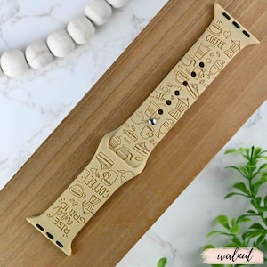 Coffee Lover, Rind and Grind, Coffee Addict Engraved Apple Watch Band for a Woman, Compatible with Series 1-9, SE, SE2, Ultra – 38mm to 49mm