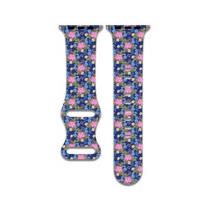 May include: Navy blue floral watch strap with a repeating pattern of pink, yellow, and blue flowers. The strap is designed for a smartwatch and has multiple adjustment holes. The strap is made up of two pieces.