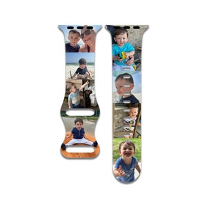 May include: A colorful Apple Watch band with a collage of photos featuring a child and their family. The photos show the child playing, smiling, and enjoying time with their loved ones.