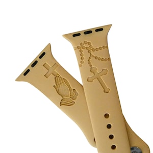 Praying Hands, Rosary Beads, Bible Religious Engraved Apple Watch Band for a Woman, Compatible with Series 1-9, SE, SE2, Ultra, 38mm to 49mm