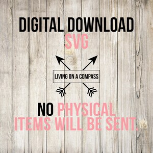 May include: Digital download SVG file with the text "Living on a Compass" in a white rectangle with black text. The text "Digital Download SVG" is in black and the text "No Physical Items Will Be Sent" is in pink.