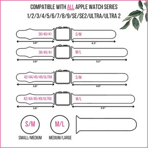 May include: Diagram showing compatible Apple Watch series and band sizes. The sizes are 38/40/41 mm and 42/44/45/49 mm. The band sizes are S/M and M/L. The text "COMPATIBLE WITH ALL APPLE WATCH SERIES 1/2/3/4/5/6/7/8/9/SE/SE2/ULTRA/ULTRA 2" is at the top of the diagram.