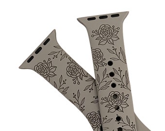 Engraved Floral Apple Watch Band, Botanical Wildflower Silicone Strap, Flower Gift for Her, Series 1–11, SE & Ultra