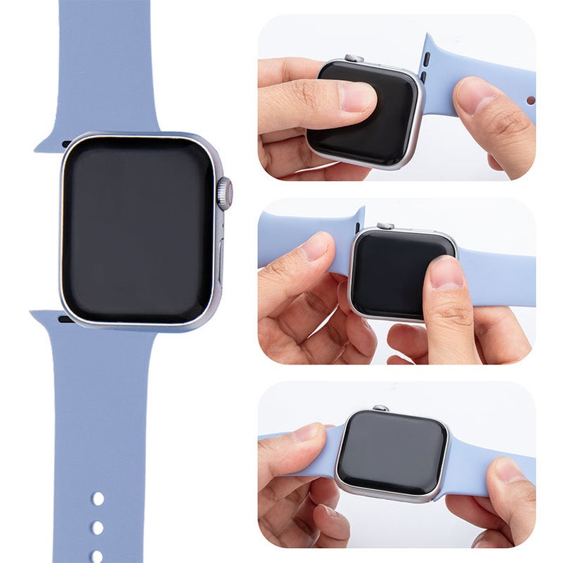 Puede incluir: Una banda de reloj Apple de silicona azul claro con un reloj Apple plateado. La banda se muestra siendo conectada al reloj.