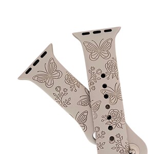 Butterfly, Floral, Flowers, Wildflowers, Mom Engraved Apple Watch Band for a Woman Compatible with Series 1-9, SE, SE2, Ultra – 38mm to 49mm