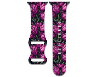Żywy fioletowy pasek do zegarka z motywem tulipanów, kompatybilny z Apple Watch Series 1-9, 38 mm, 40 mm, 41 mm, 42 mm, 44 mm, 45 mm, 49 mm, SE, SE2, Ultra 2
