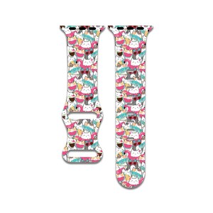May include: A smartwatch strap with a repeating pattern of cartoon cats. The cats are in pink, white, grey, and teal. The strap has a buckle and is designed to fit a smartwatch. The strap is made of a flexible material.