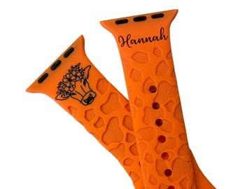 Engraved Apple Watch Band, Floral Cow Design, Compatible with Series 1-9, SE, Ultra