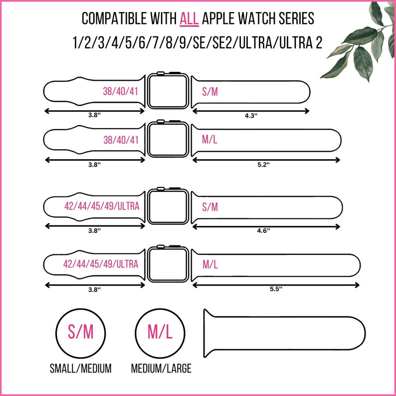 Puede incluir: Diagrama que muestra las series de Apple Watch compatibles y los tama&ntilde;os de las correas. El diagrama muestra los diferentes tama&ntilde;os de Apple Watch, incluyendo 38/40/41 mm y 42/44/45/49 mm, y los tama&ntilde;os de las correas correspondientes, S/M y M/L. El diagrama tambi&eacute;n incluye el texto "COMPATIBLE CON TODAS LAS SERIES DE APPLE WATCH 1/2/3/4/5/6/7/8/9/SE/SE2/ULTRA/ULTRA 2".