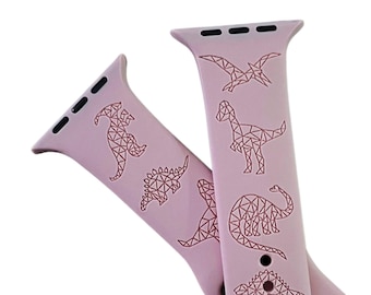 Engraved Dinosaur Apple Watch Band, Geometric Reptiles, Handmade in USA