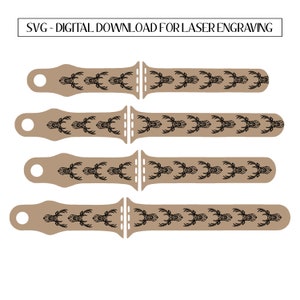 May include: Four digital download SVG files for laser engraving. Each file features a brown background with a repeating pattern of black geometric deer heads.