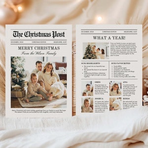 Karta świąteczna z podsumowaniem roku Szablon gazety, edytowalna karta świąteczna, szablon karty świątecznej What A Year, edytowalna karta świąteczna, CH2