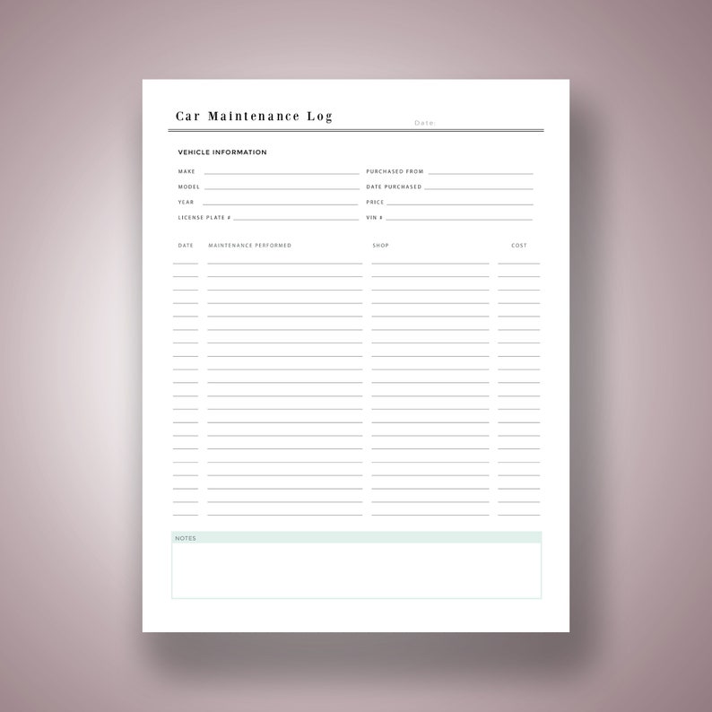 Printable Planner A5 A4 Planner inserts Prints Letter Car Maintenance Log Vehicle Tracker Digital Instant Download pdf