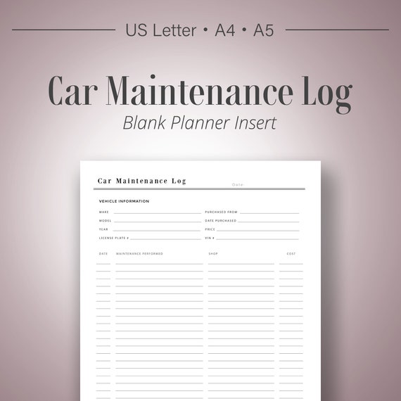 Printable Planner A5 A4 Planner inserts Prints Letter Car Maintenance Log Vehicle Tracker Digital Instant Download pdf