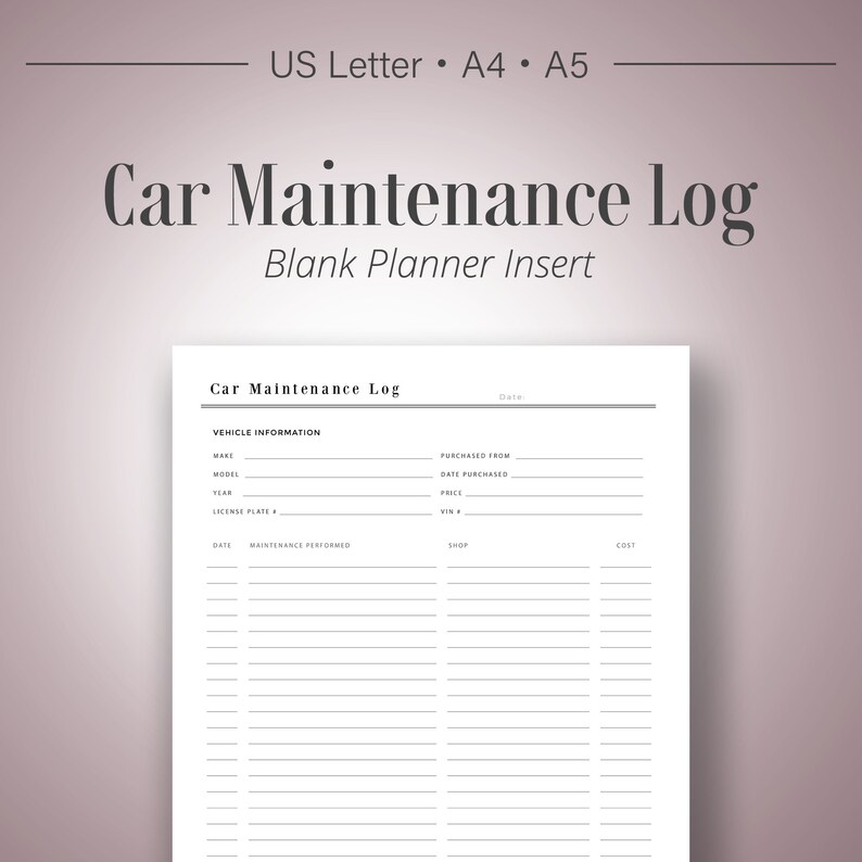 Printable Planner A5 A4 Planner inserts Prints Letter Car Maintenance Log Vehicle Tracker Digital Instant Download pdf