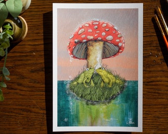 Rainy Day Toadstool Frogs Watercolour Art Print A5