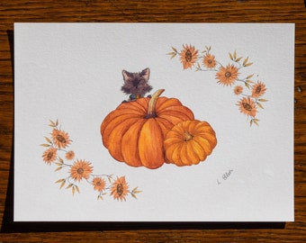 Black Cat in Pumpkin Patch Halloween Watercolour Art Print A5