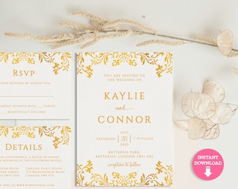 Gold Wedding Invitation Template, Elegant Minimalist Wedding Invite Suite, Printable Gold Wedding Invitation Bundle