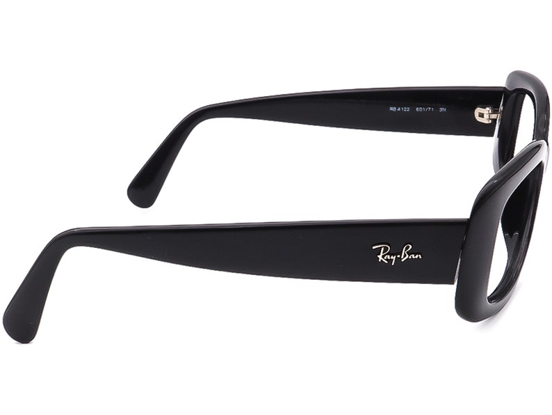 May include: Black Ray-Ban sunglasses with a square frame and thick black arms. The sunglasses have a silver Ray-Ban logo on the right arm.