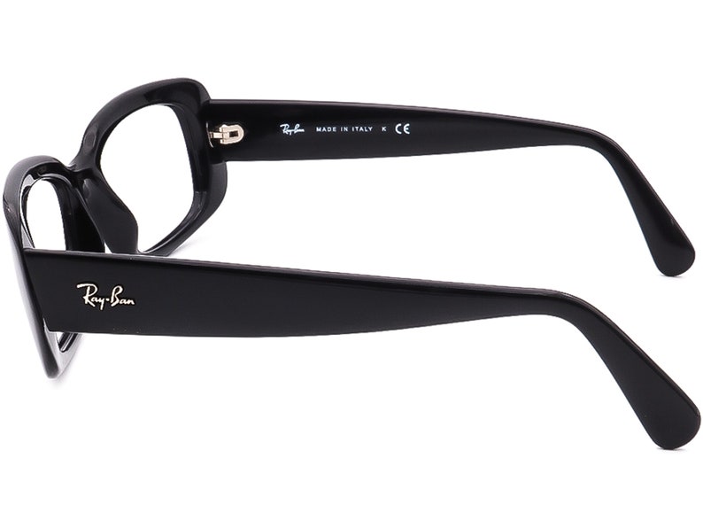 May include: Black Ray-Ban eyeglasses with a rectangular frame and black arms. The arms are marked "Ray-Ban" and "Made in Italy K CE".