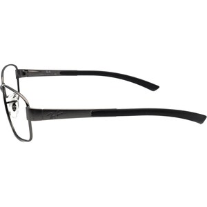 May include: Dark grey metal eyeglasses with black temples. The glasses have a rectangular frame and the Ray-Ban logo is visible on the temple. The lenses are clear.