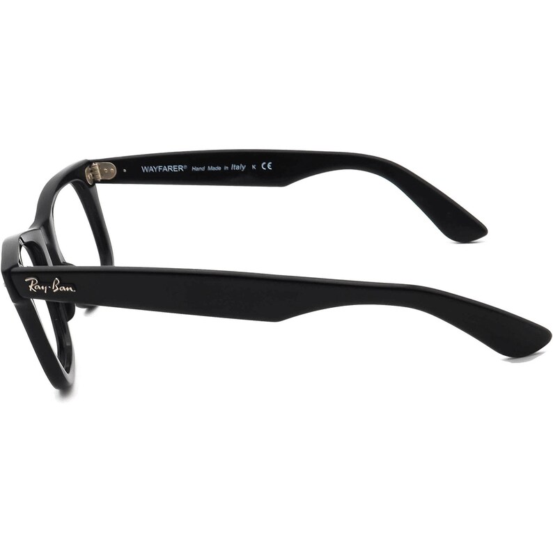 May include: Black Ray-Ban Wayfarer eyeglasses with a classic design. The frame is made of plastic and has a black finish. The arms are black and have the Ray-Ban logo and "WAYFARER" text.