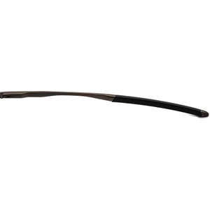 May include: A close-up of the metal arm of a pair of glasses. The arm is silver and has a black rubber tip.