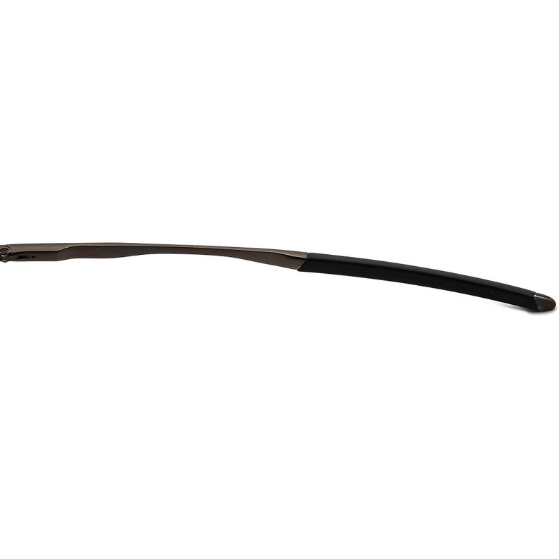 May include: A close-up of the metal arm of a pair of glasses. The arm is silver and has a black rubber tip.