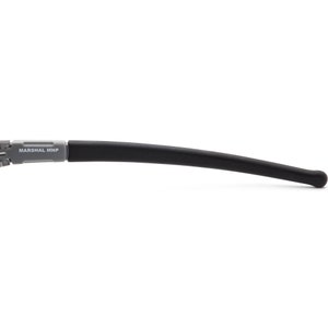 May include: A close-up of a black rubber temple tip for eyeglasses. The temple tip is attached to a grey metal frame with the text "MARSHAL MNP" printed on it.