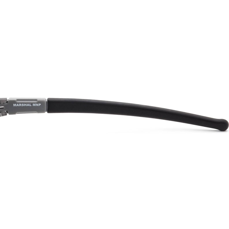 May include: A close-up of a black rubber temple tip for eyeglasses. The temple tip is attached to a grey metal frame with the text "MARSHAL MNP" printed on it.