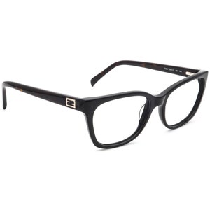 May include: Black tortoiseshell eyeglasses with a gold F logo on the side. The glasses have a square shape with rounded edges.