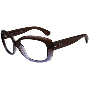 K&ouml;nnte beinhalten: Braune Kunststoffbrille mit einem Verlaufsglas, das von klar zu lila &uuml;bergeht. Die Brille tr&auml;gt das Ray-Ban-Logo am rechten B&uuml;gel.