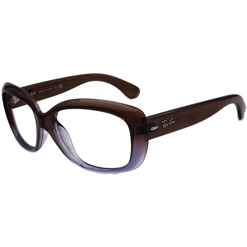 K&ouml;nnte beinhalten: Braune Kunststoffbrille mit einem Verlaufsglas, das von klar zu lila &uuml;bergeht. Die Brille tr&auml;gt das Ray-Ban-Logo am rechten B&uuml;gel.