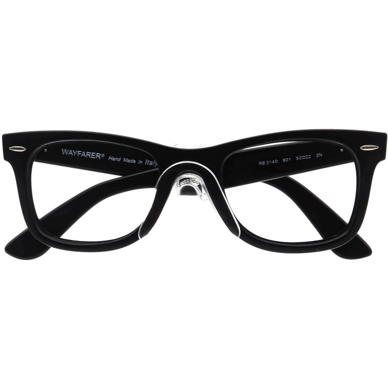 May include: Black Wayfarer style eyeglasses with a clear lens and the text "WAYFARER&reg; Hand Made in Italy" and "RB2140 901 50022 3N" printed on the frame.