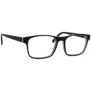 May include: Black rectangular eyeglasses with clear lenses. The frames are black with a thin white border around the lenses. The temples are also black. The glasses are designed for vision correction.