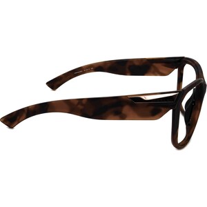 May include: Tortoise shell eyeglasses with a black frame and a rose gold accent on the bridge. The glasses have a square shape and are designed for both men and women.
