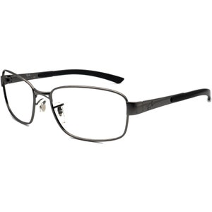 May include: Gunmetal Ray-Ban glasses with a rectangular frame and black arms. The glasses have a sleek, modern design with a subtle logo on the arm. The lenses are clear.