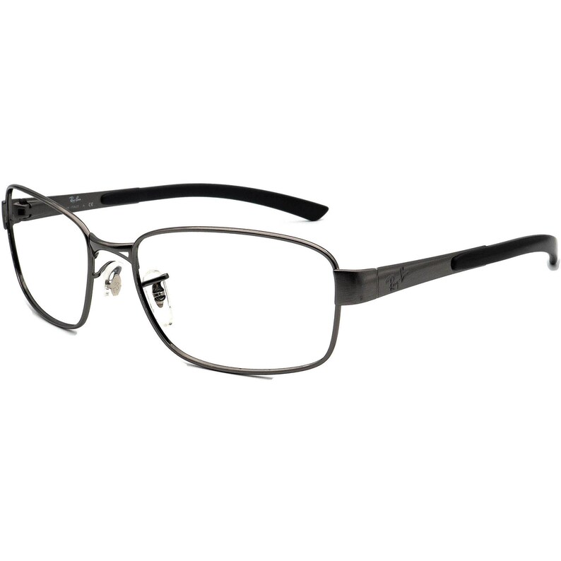 May include: Gunmetal Ray-Ban glasses with a rectangular frame and black arms. The glasses have a sleek, modern design with a subtle logo on the arm. The lenses are clear.