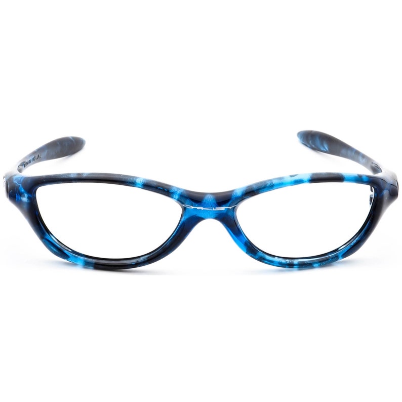 May include: Blue and black patterned eyeglasses with a sporty, wraparound design.