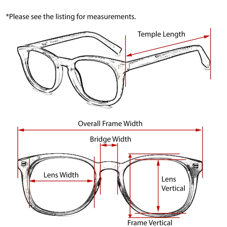 May include: Line drawing of eyeglasses with measurements labelled for temple length, overall frame width, bridge width, lens width, lens vertical, and frame vertical.