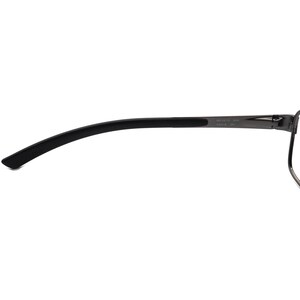 May include: Close-up of a pair of eyeglasses. The frame is a dark grey metal with a black curved temple arm. The temple arm has a black rubberised section for comfort. The text "RB 3413 004 55018 3N" is printed on the frame.