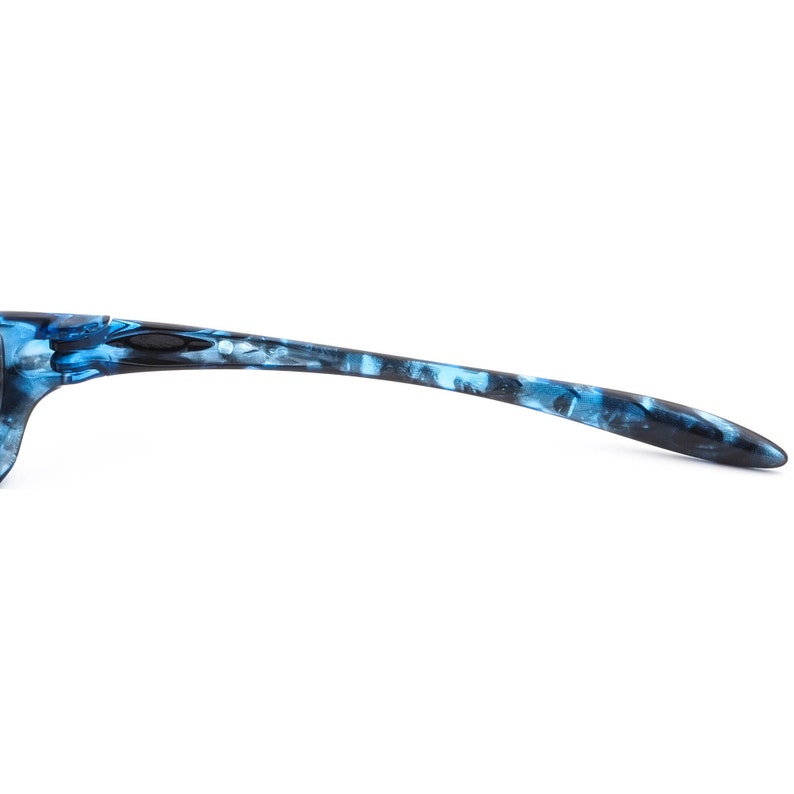 May include: Blue and black patterned sunglasses with a thin frame.