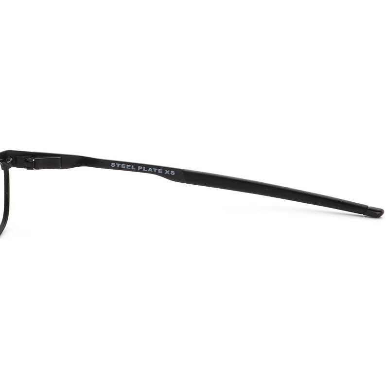 K&ouml;nnte beinhalten: Schwarze Metallbrille mit dem Text "STEEL PLATE XS" am B&uuml;gel.